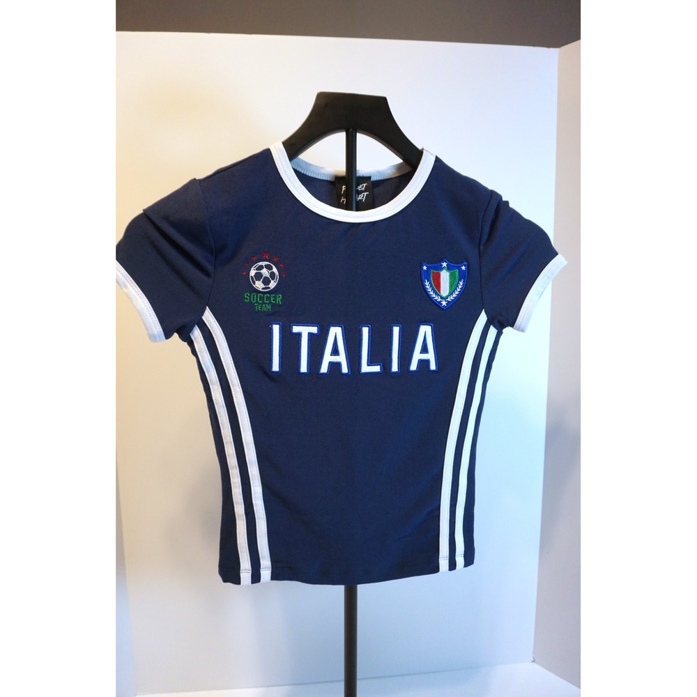 Planet Heart Kids Italia Soccer Jersey Tee Navy Blue Ringer Shirt XS BNJT206